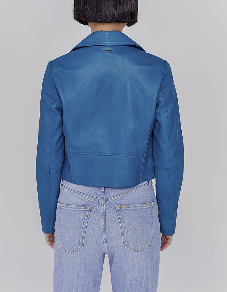Blouson en cuir d'agneau certifié bleu émeraude femme-3