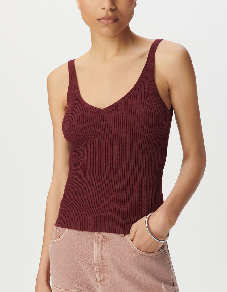 Bordeauxfarbenes Trägertop mit Rippstrickmuster für Damen-4