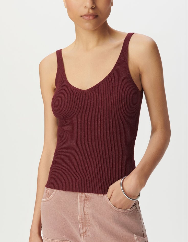 Bordeauxrode top met bandjes en ribgebreid fantasietricot voor dames-4 Bordeauxrode top met bandjes en ribgebreid fantasietricot voor dames-4