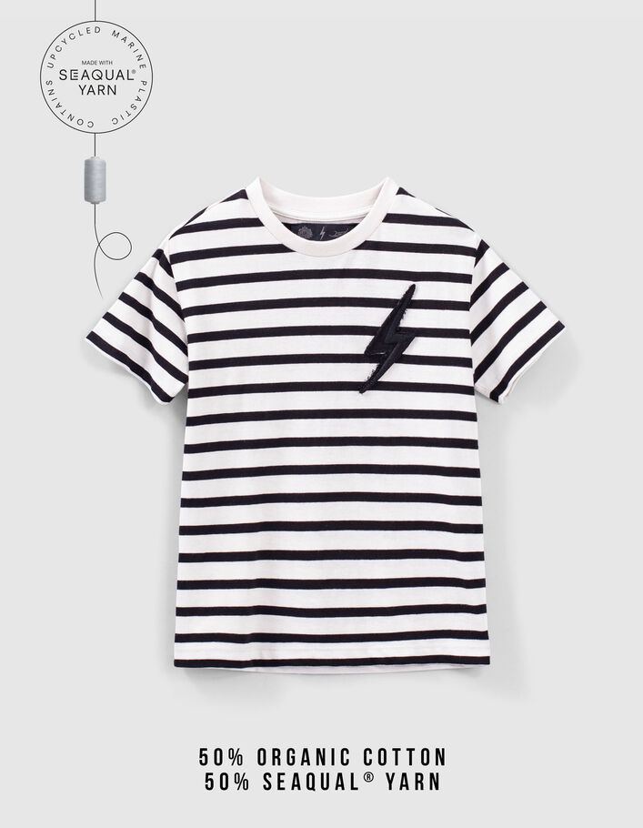 Boys’ ecru sailor stripe T-shirt + black stripes & badge - IKKS