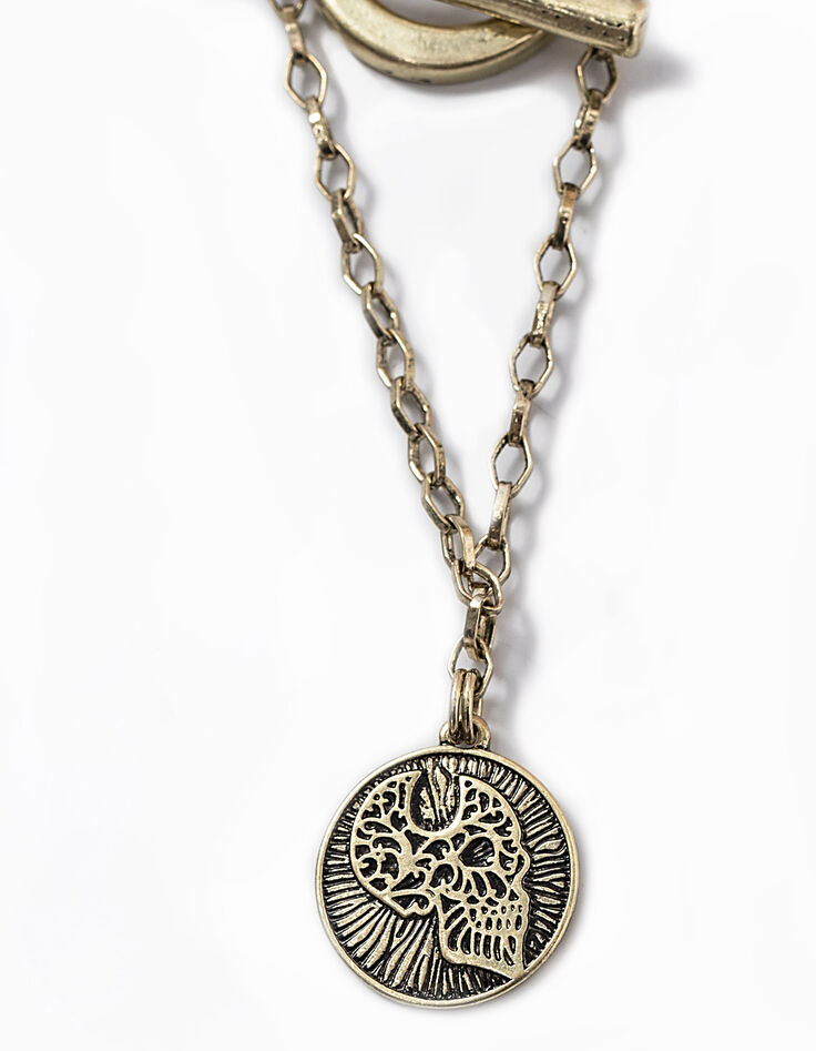 Women’s antique gold skeleton medallion stranded necklace-5
