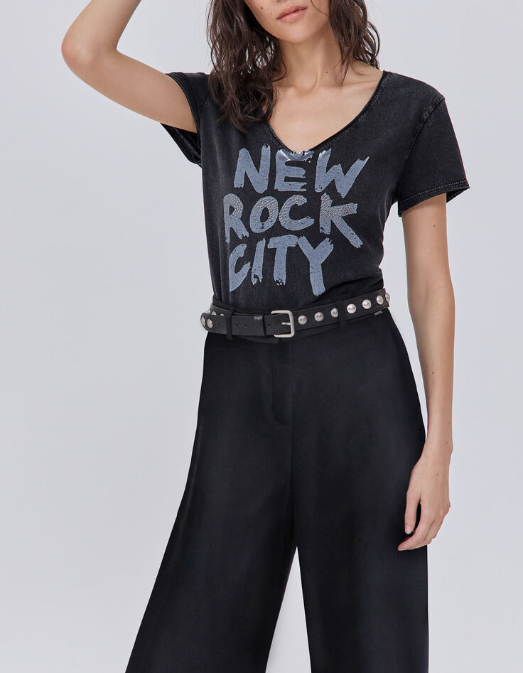 Women’s black T-shirt with Rock slogan and studs-2