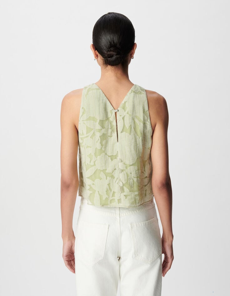 Top sin mangas verde estampado mixto rayas y vegetal Mujer-4