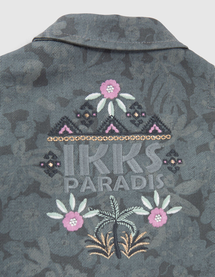 Saharienne en jean kaki maxi fleurs brodée dos bébé fille-8