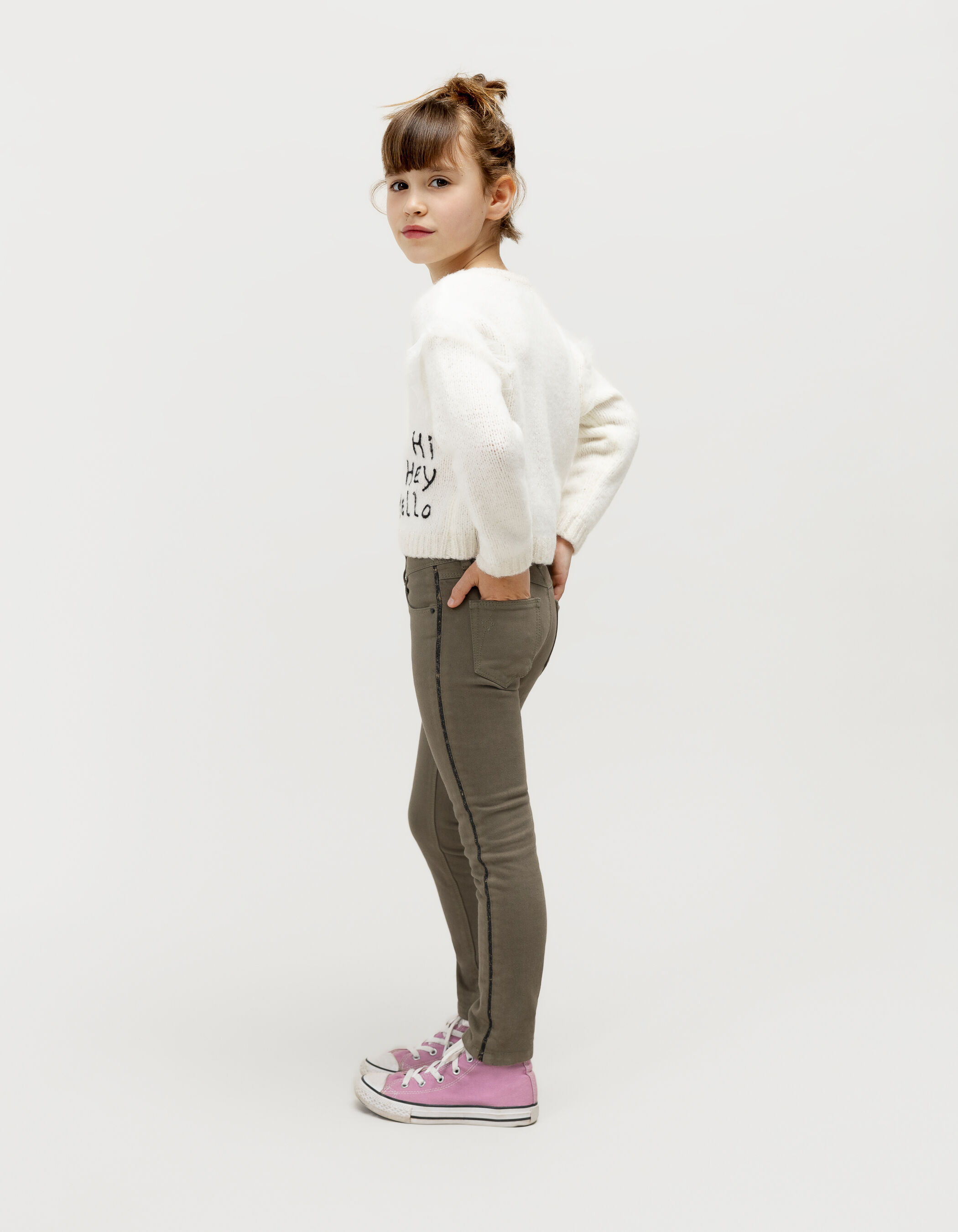 Jean upcyclé SLIM kaki ganses-bijou fille
