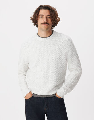 Men's White Marled Round-Neck Knit Sweater with Cables