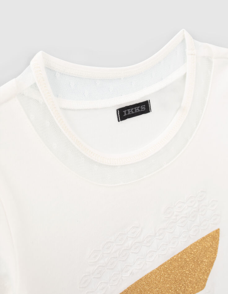 Cremeweißes Mädchen-T-Shirt mit goldfarbener Herzstickerei-4