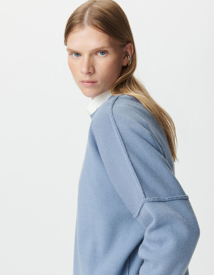 Pull oversize bleu tricot longueur cropped Femme-4