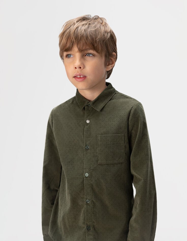 Khaki Jungenhemd lange Ärmel Velours Punkte-1 Khaki Jungenhemd lange Ärmel Velours Punkte-1