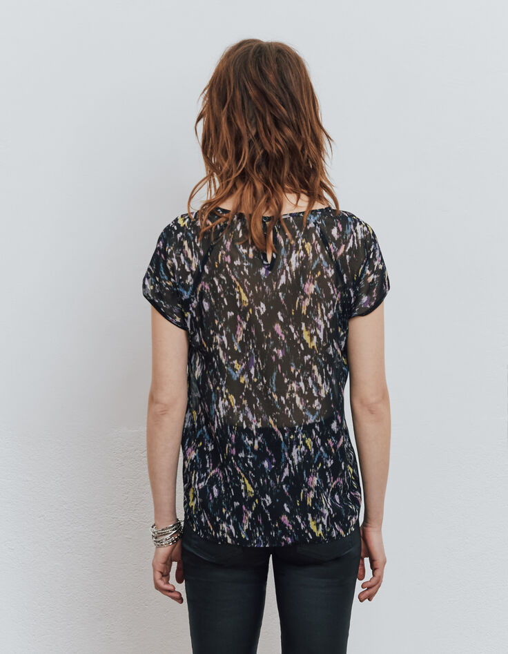 Voile top gekleurde print kanten inzet hals dames-3