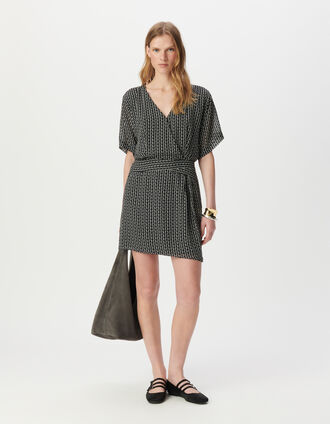 Robe fluide noire imprimé mini-géométrique Femme