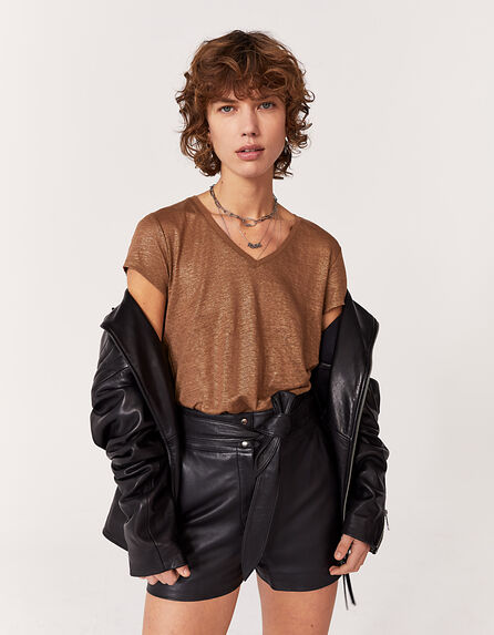 Women's camel foil linen V-neck T-shirt
