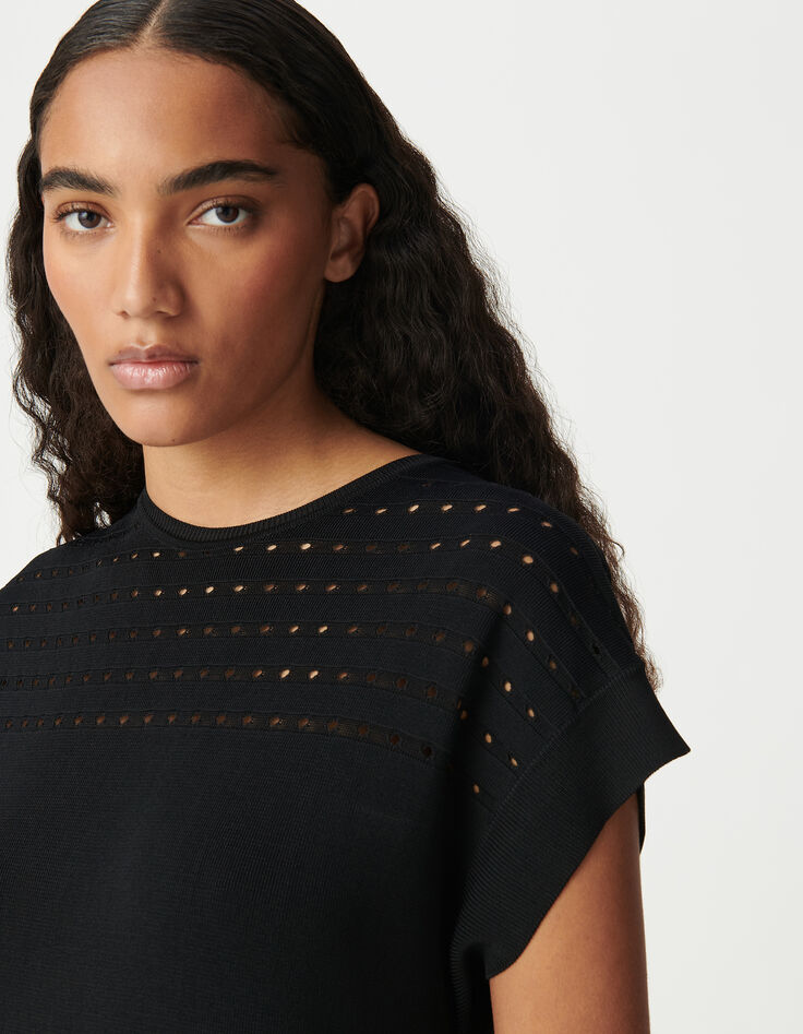 Vestido negro de punto calado para mujer-4