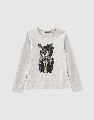 Girls' grey cat-photographer image T-shirt - IKKS