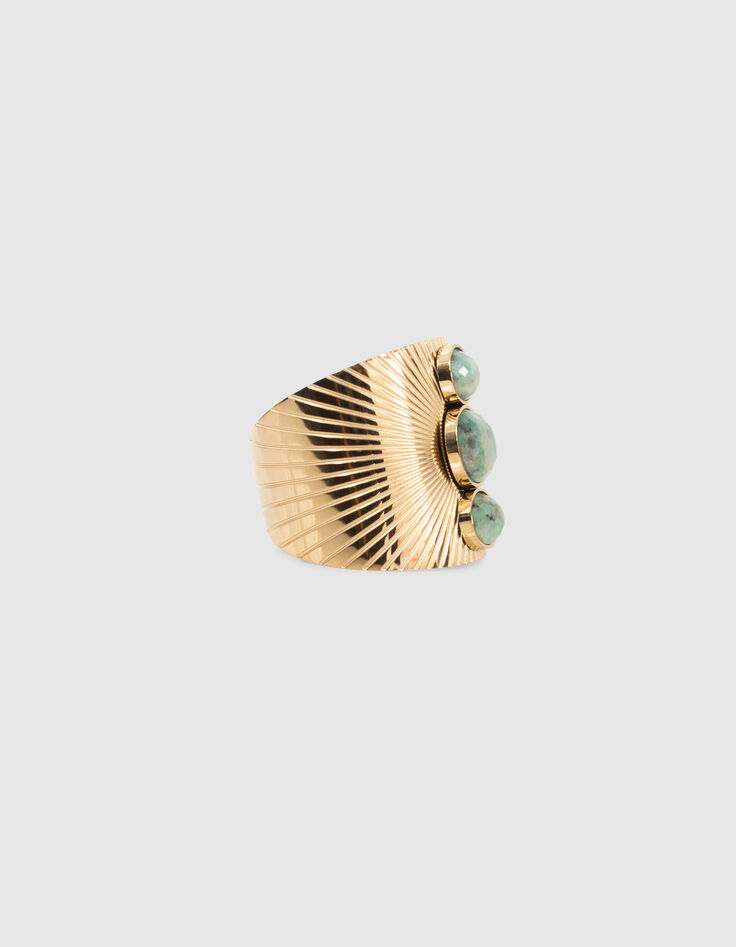 Brede goudkleurige ring met 3 Afrikaans turkoois parels-5