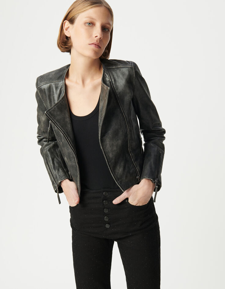 Schwarze Bikerjacke aus gewaschenem Leder mit Reißverschlusstaschen Damen-4