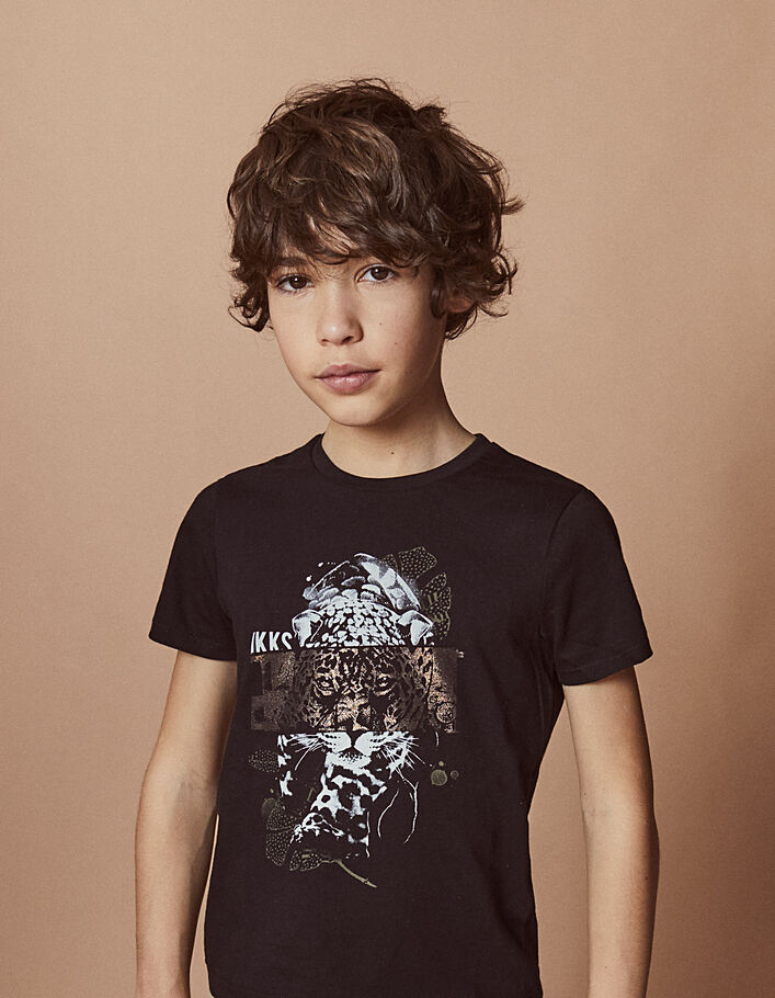 Tee-shirt noir print triptyque léopard garçon  - IKKS