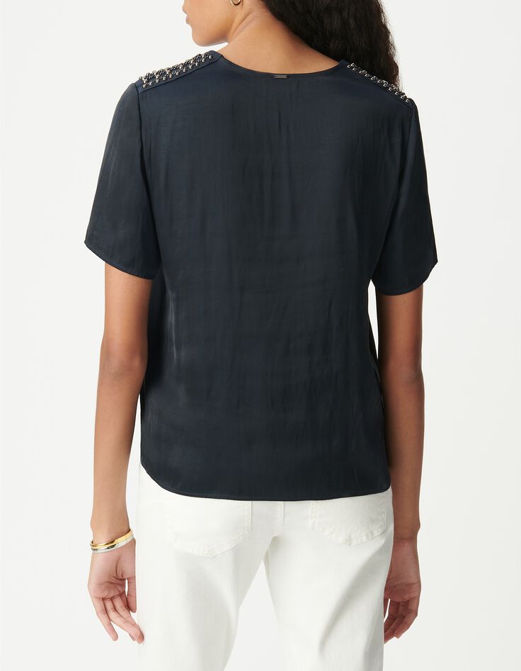 Top azul marino arrugado con hombros joya para mujer-4