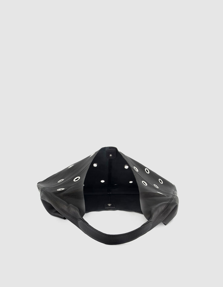 Black leather Hobo bag maxi eyelet design Size L Women-5