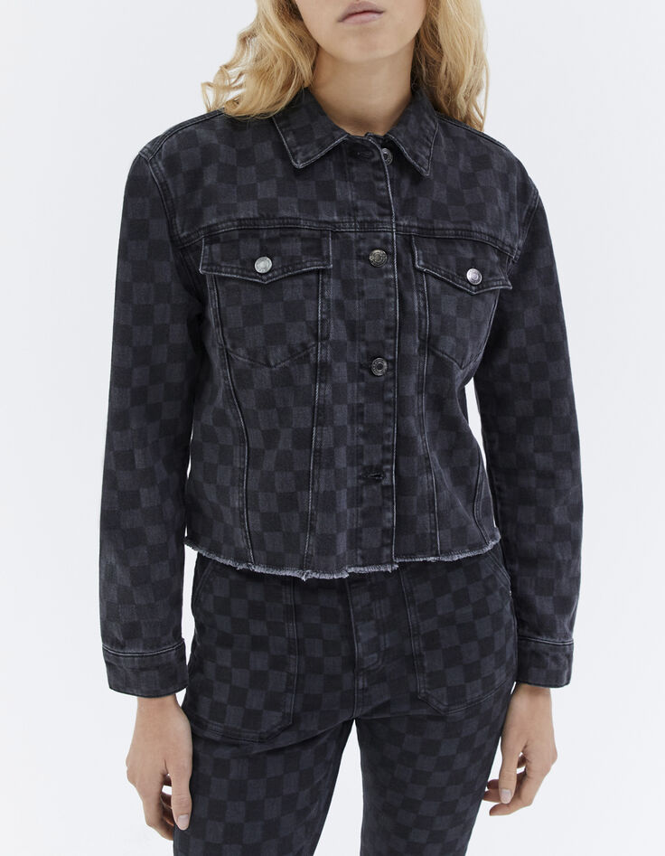 Graue Damenjeansjacke mit Zielflaggenmotiv und Fransen-1