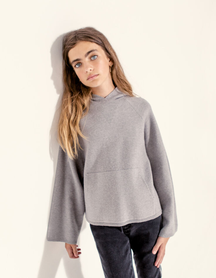 Pull gris chin&eacute; tricot &agrave; capuche fille -2