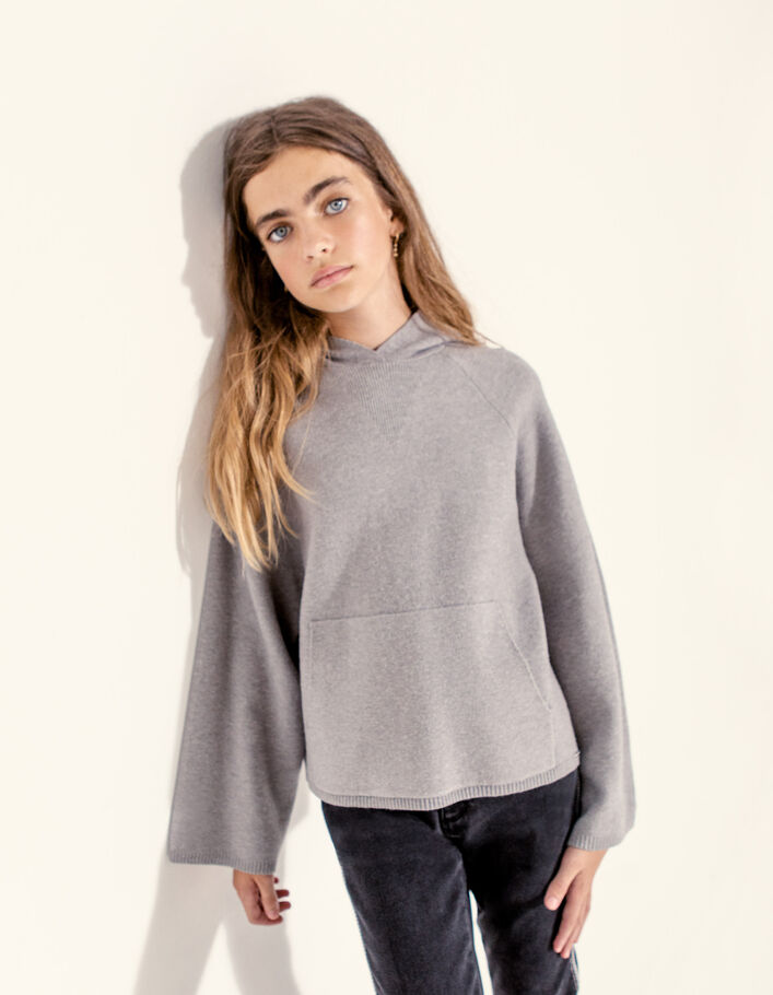 Pull gris chiné tricot à capuche fille -2
