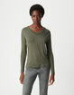 Women's khaki sequined braided neck T-shirt-2