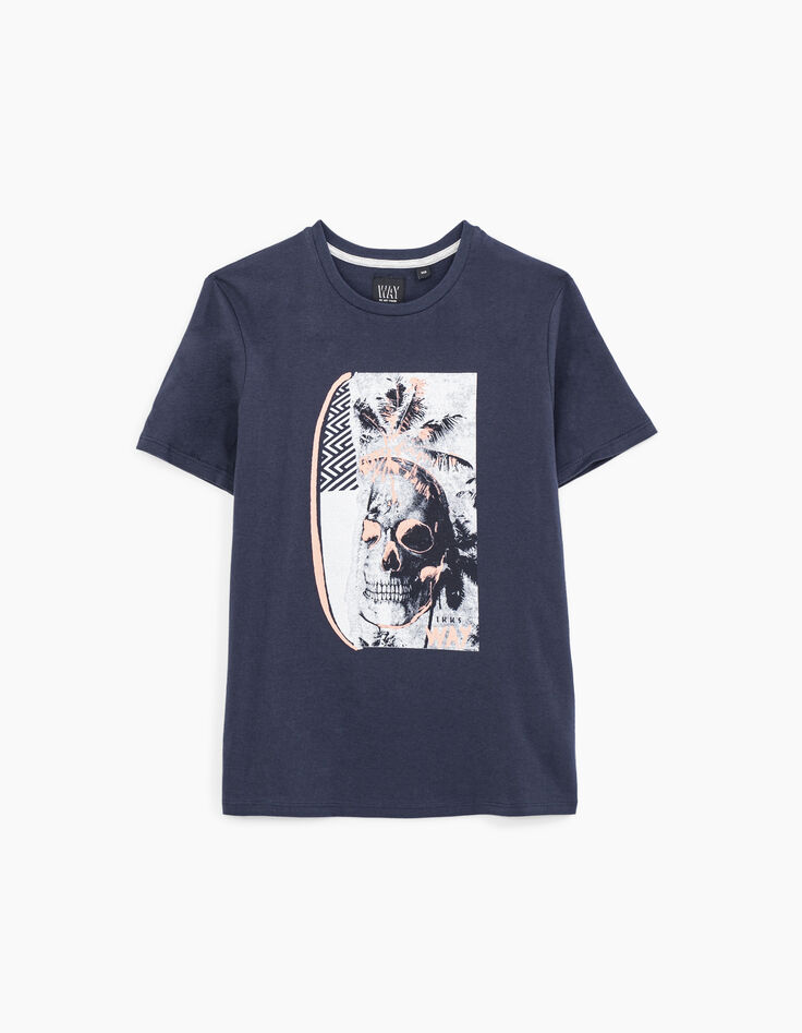 Navy T-shirt met doodshoofd en fluo-accenten -1