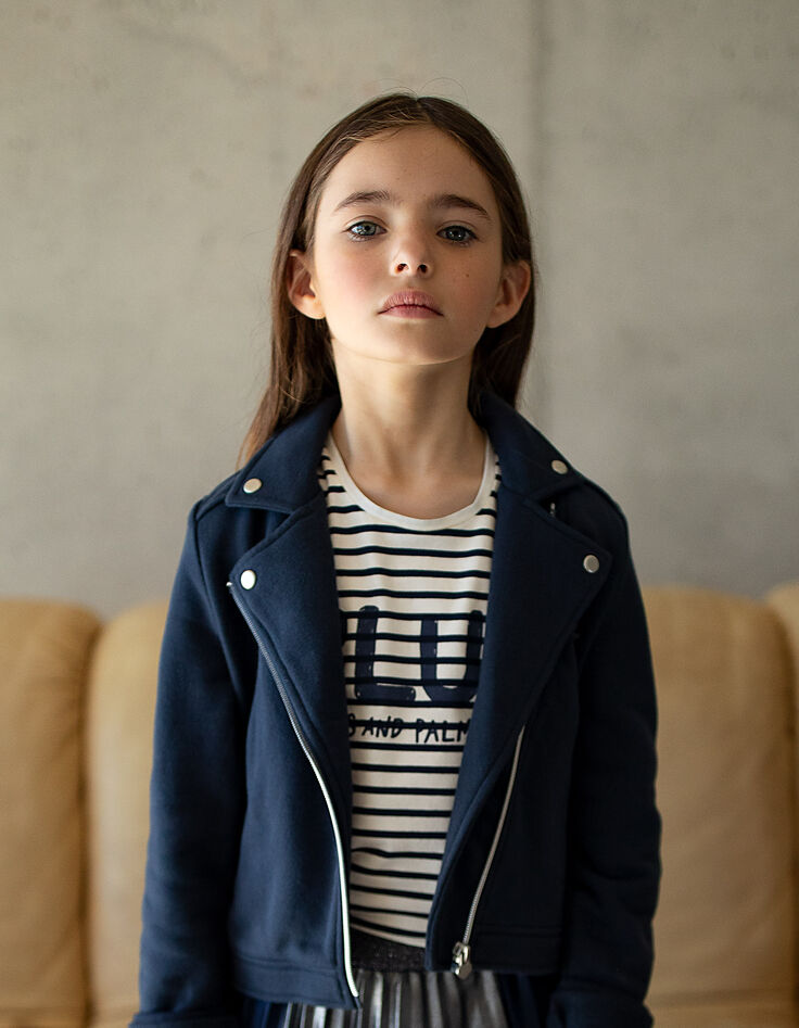 Veste navy esprit motard en molleton fille-1