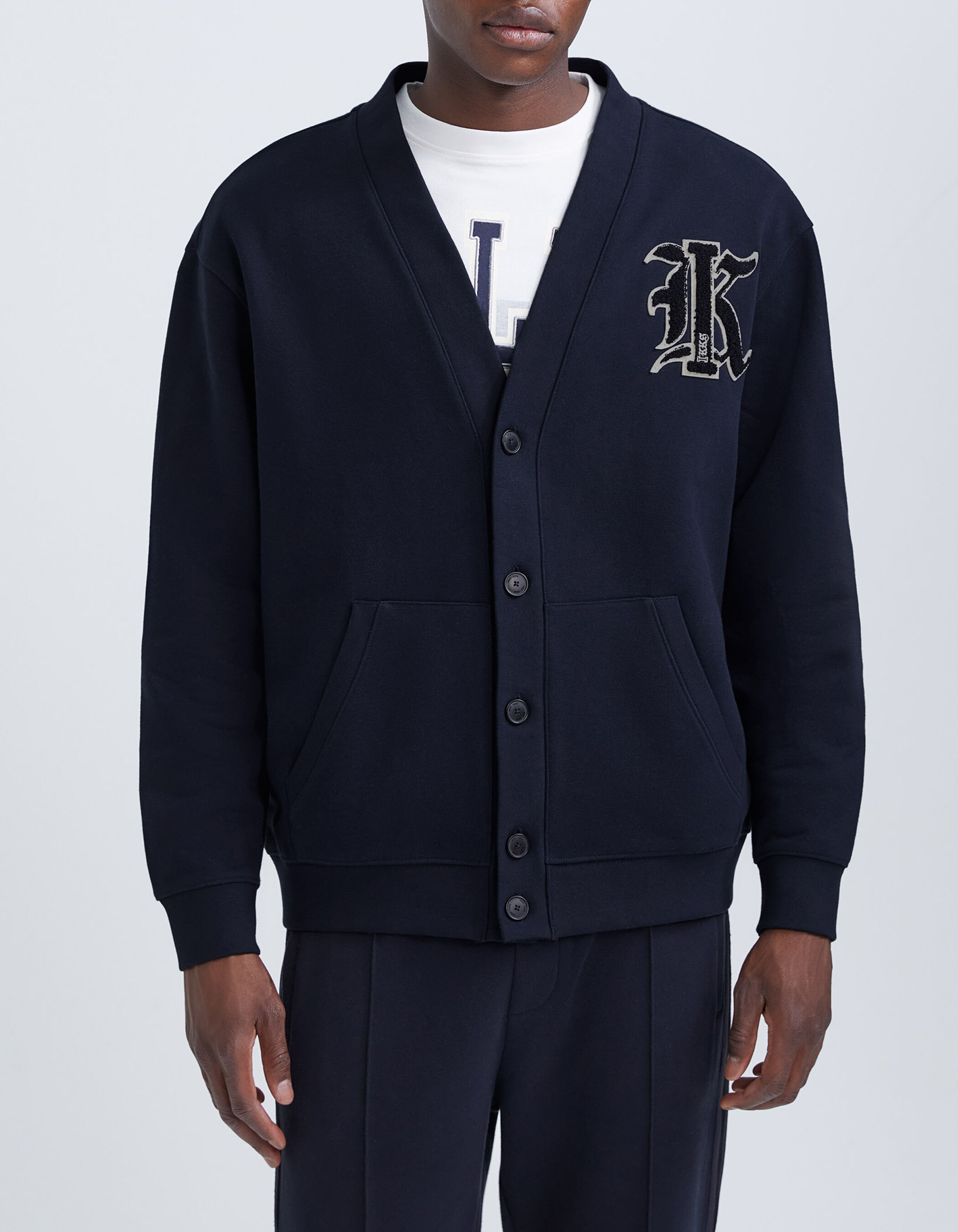 Men s navy sweatshirt fabric cardigan with XL badge