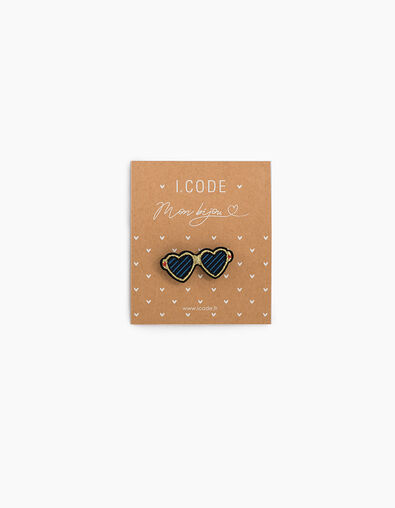 Broche lunettes cœurs brodée or, bleu, noir I.Code - I.CODE
