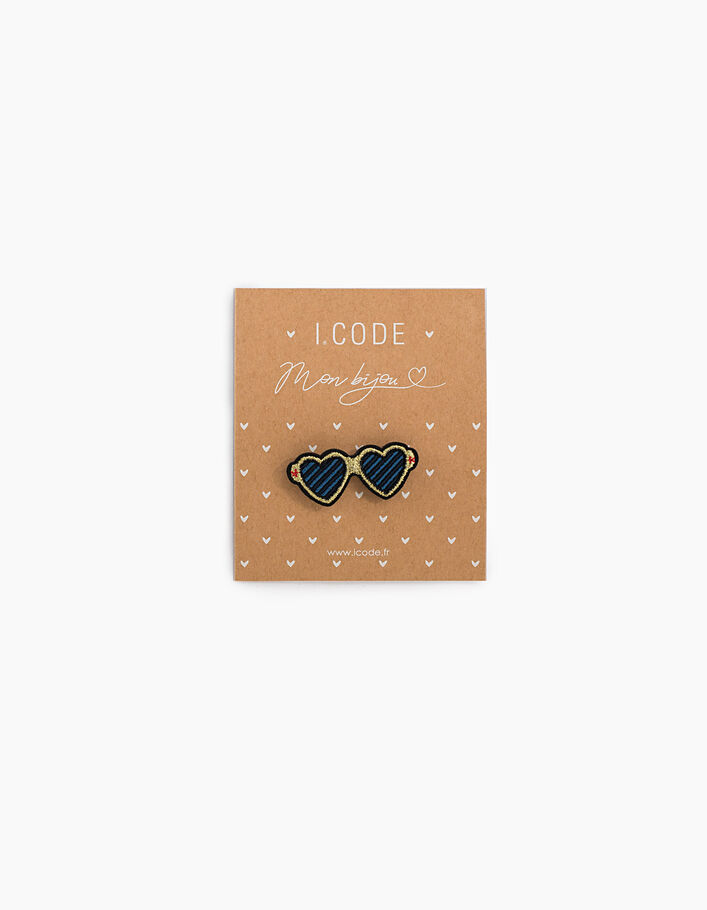 Goldfarbene, blaue und schwarze Herzsonnenbrillenbrosche I.Code - I.CODE