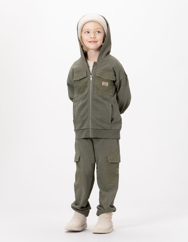 Cardigan à capuche zippé kaki poches bi-matières garçon-9 Cardigan à capuche zippé kaki poches bi-matières garçon-9