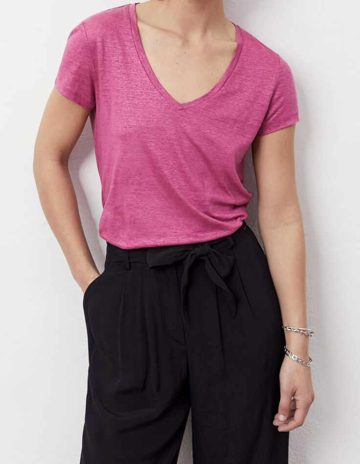 Tee-shirt en lin foil coloris fuchsia femme-5