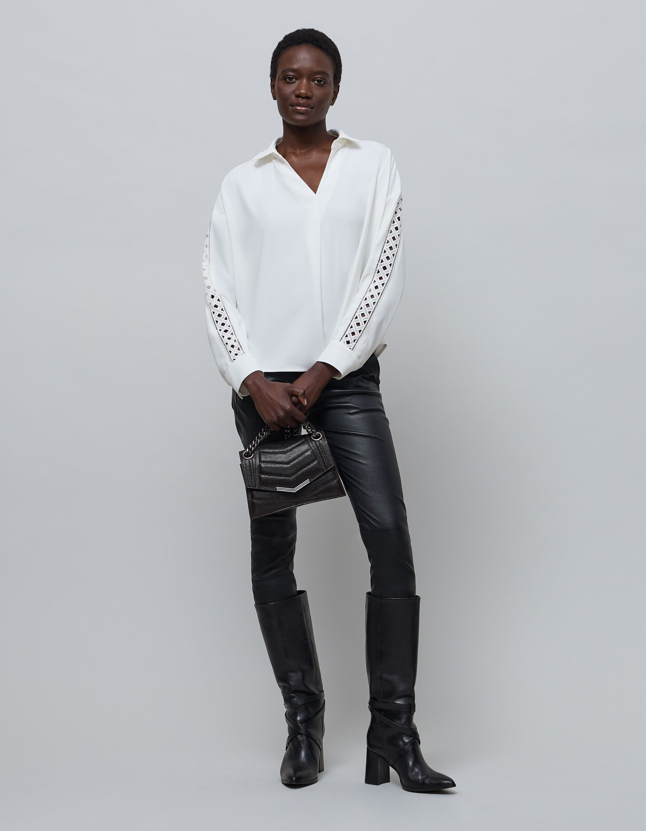 Women s white blouse with graphic lace sleeves IKKS