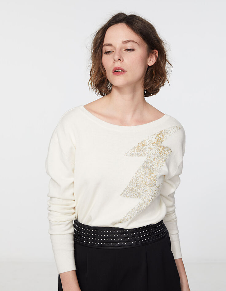 Pull blanc cassé coton cachemire éclair decolleté dos femme-1 Pull blanc cassé coton cachemire éclair decolleté dos femme-1
