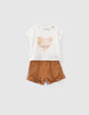 Baby girls’ ecru T-shirt and camel shorts outfit-1