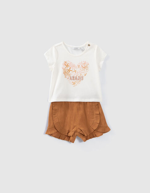 Ensemble T-shirt écru et short camel bébé fille - IKKS