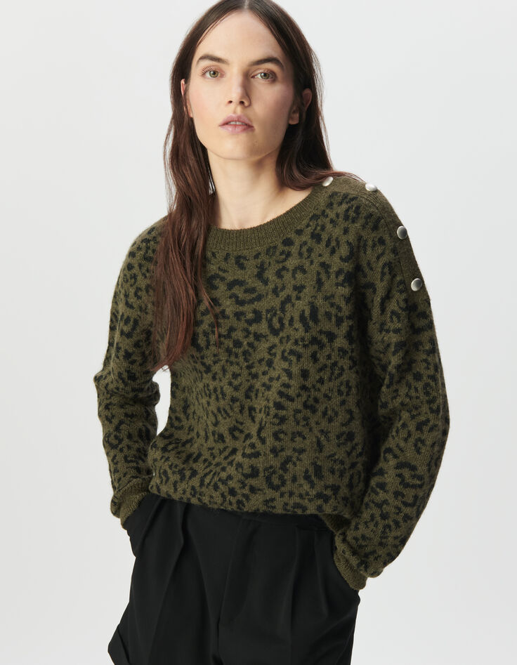 Khaki Damen-Winterpulli Jacquard-Strick Leomuster-2