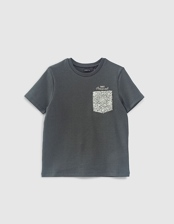 Moosgrünes Jungen-T-Shirt mit geblümter Tasche - IKKS