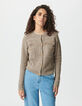 Women’s beige knit cardigan, fringed details, gold buttons-3