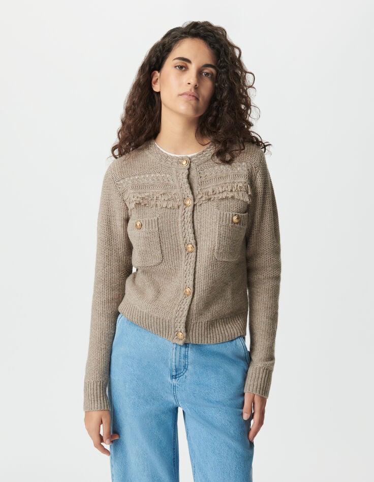 Women’s beige knit cardigan, fringed details, gold buttons-3 Women’s beige knit cardigan, fringed details, gold buttons-3