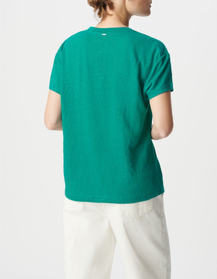 Turquoise V-neck linen knit tee Women-3