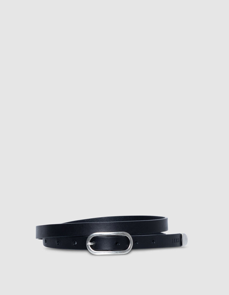 Women's slim black leather belt with metal buckle-1