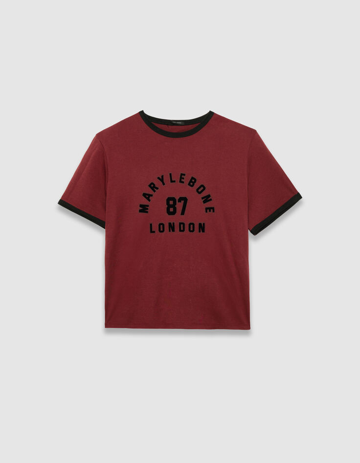 Women’s burgundy T-shirt with flocked velvet slogan-5