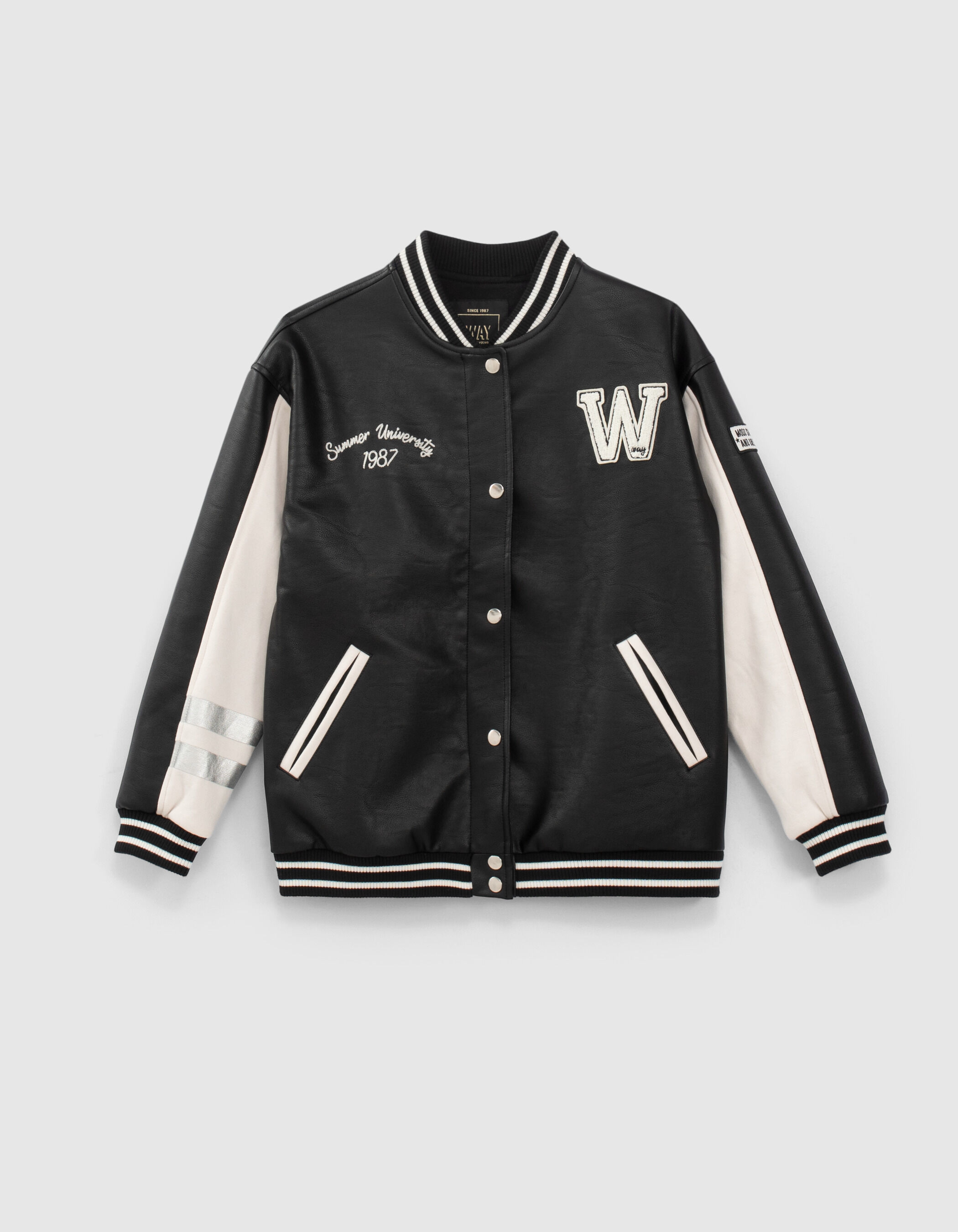 Black and white mixed fabric varsity jacket IKKS