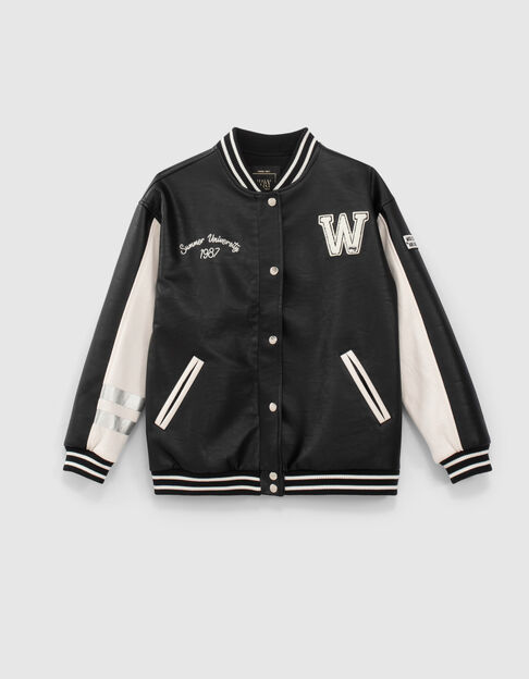 Girls’ black and white mixed fabric varsity jacket