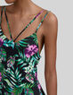 Langes, schwarzes Damenkleid mit tropischem Print-3