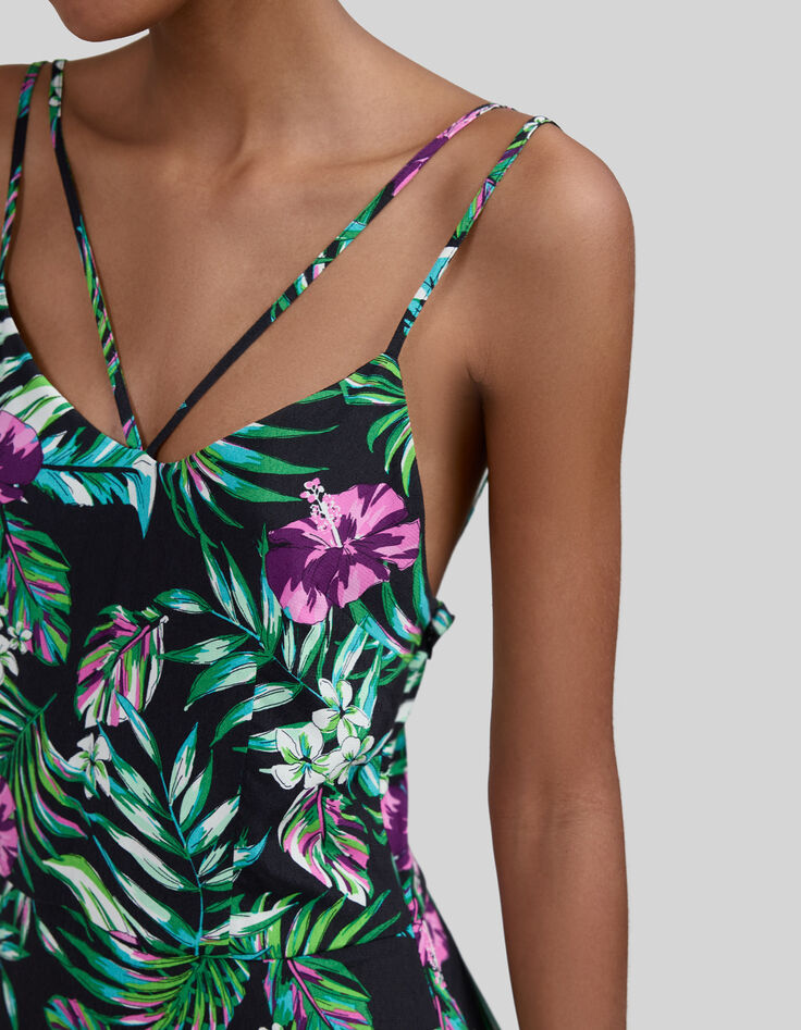 Langes, schwarzes Damenkleid mit tropischem Print-3