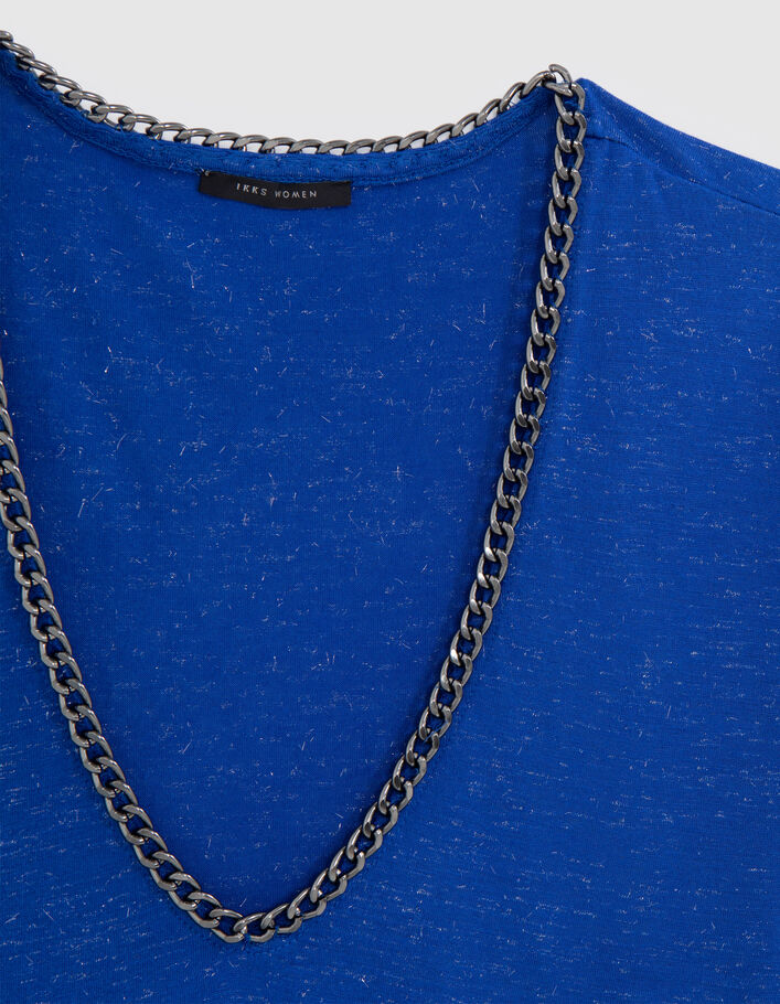 Women’s cobalt lurex T-shirt with chains on neck - IKKS